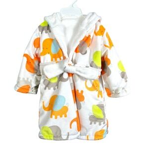 Snugly Baby Kids Hooded Fleece Robe Elephant Print White Orange SB-BR01-B